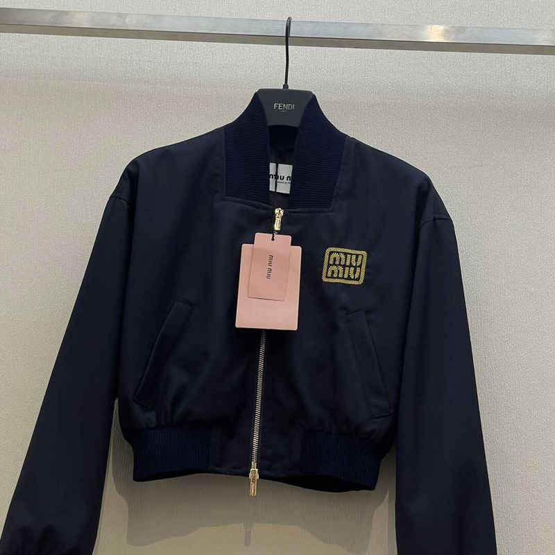 Miu Miu Cropped Bomber Jacket Navy Blue