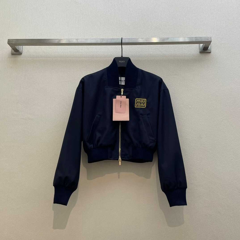 Miu Miu Cropped Bomber Jacket Navy Blue