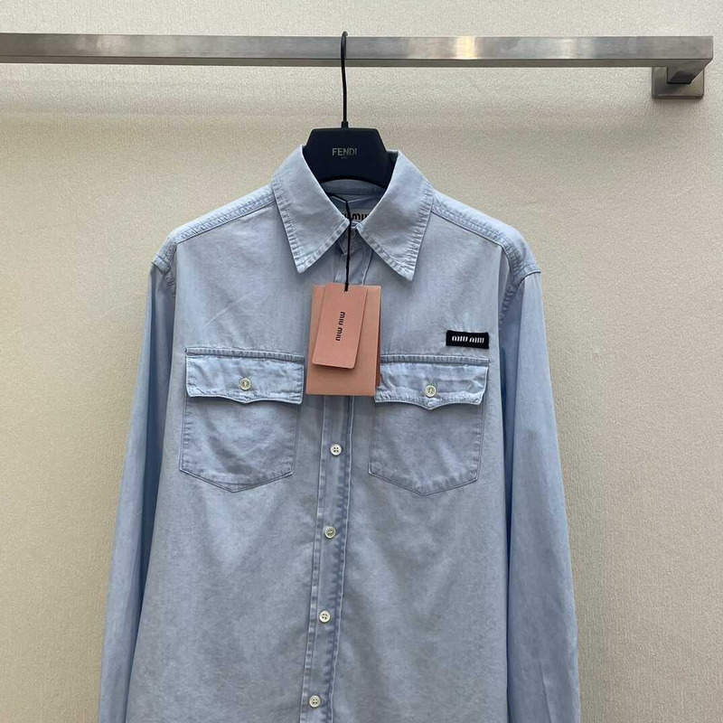 Miu Miu Logo-Embroidered Button-Up Denim Shirt Blue