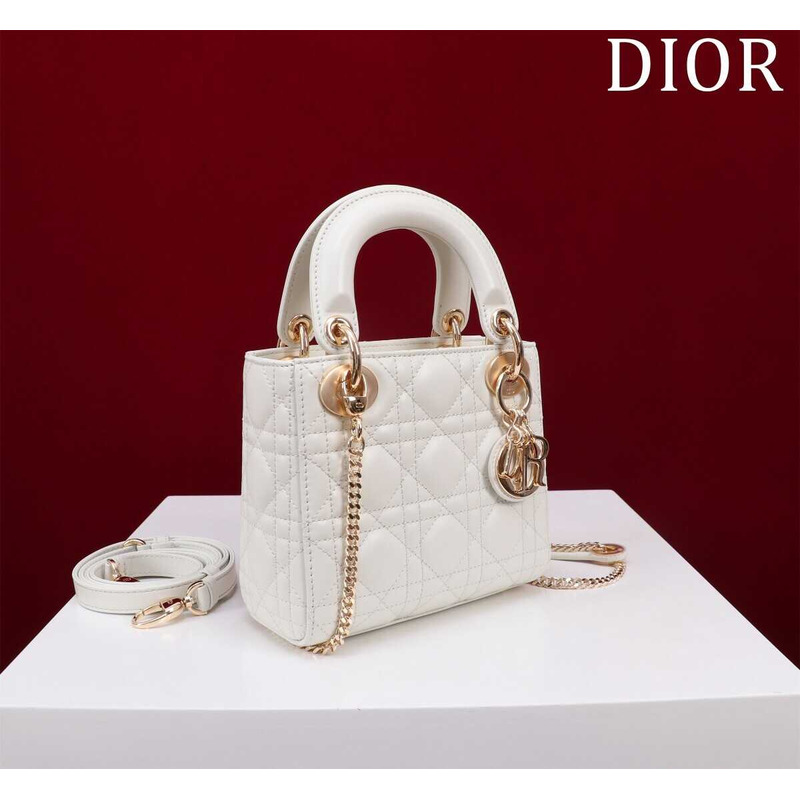 D*or mini lady D*or bag, latte cannage lambskin white