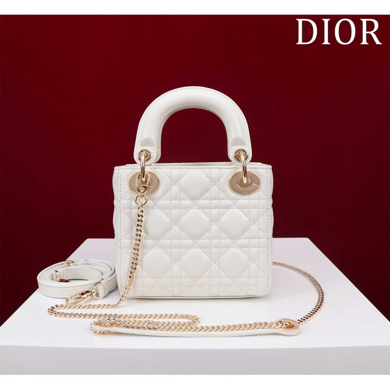 D*or mini lady D*or bag, latte cannage lambskin white