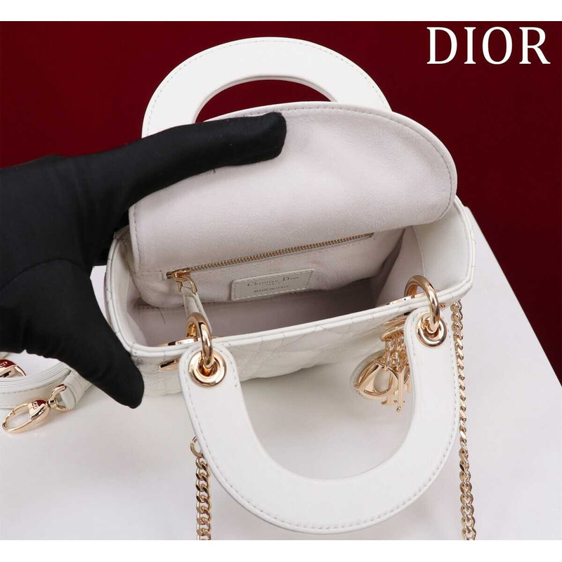 D*or mini lady D*or bag, latte cannage lambskin white