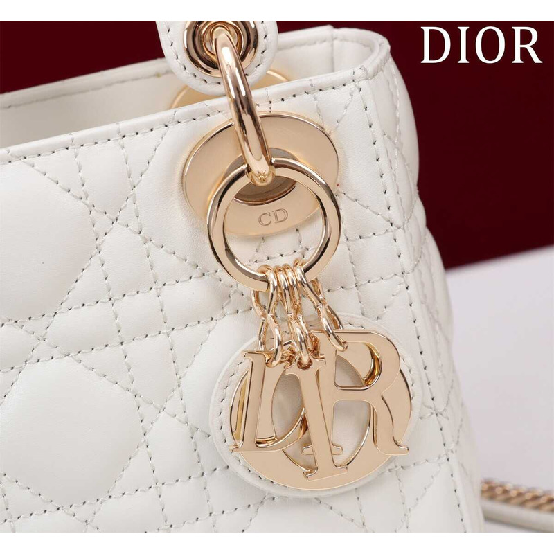 D*or mini lady D*or bag, latte cannage lambskin white