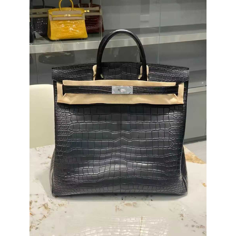 H**mes hac birkin 40 bag black matte porosus crocodile with palladium hardware