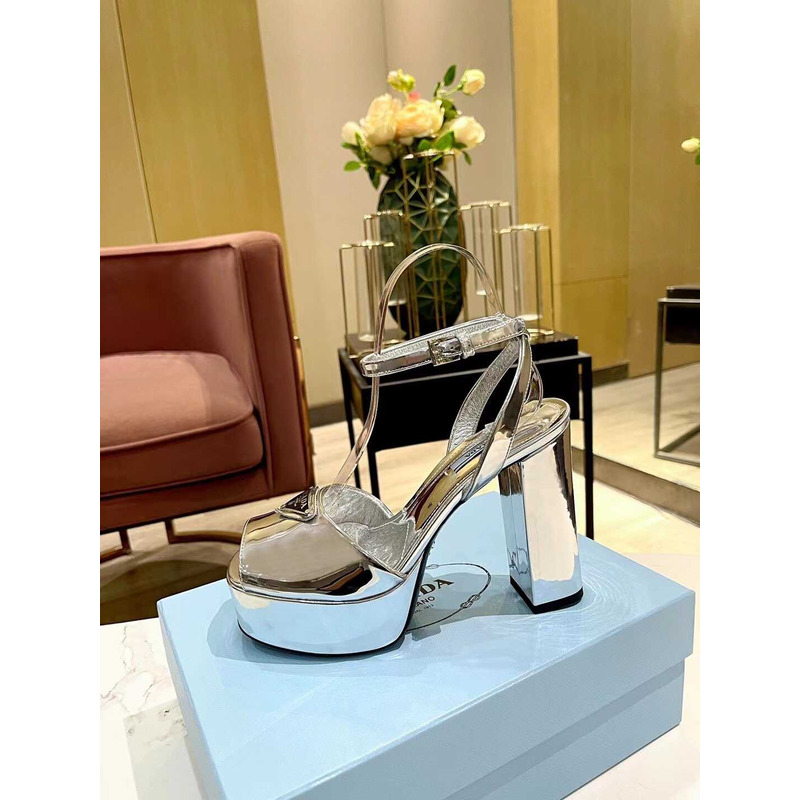 Pra*a logo plaque platform heeled sandals silver