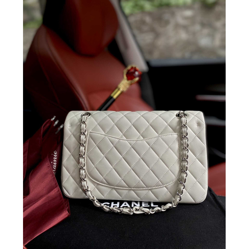 Ch*el medium classic flap lambskin silver hardware white