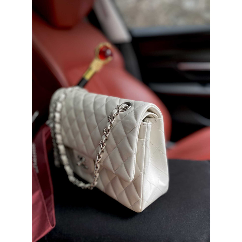 Ch*el medium classic flap lambskin silver hardware white