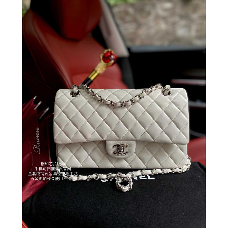 Ch*el medium classic flap lambskin silver hardware white