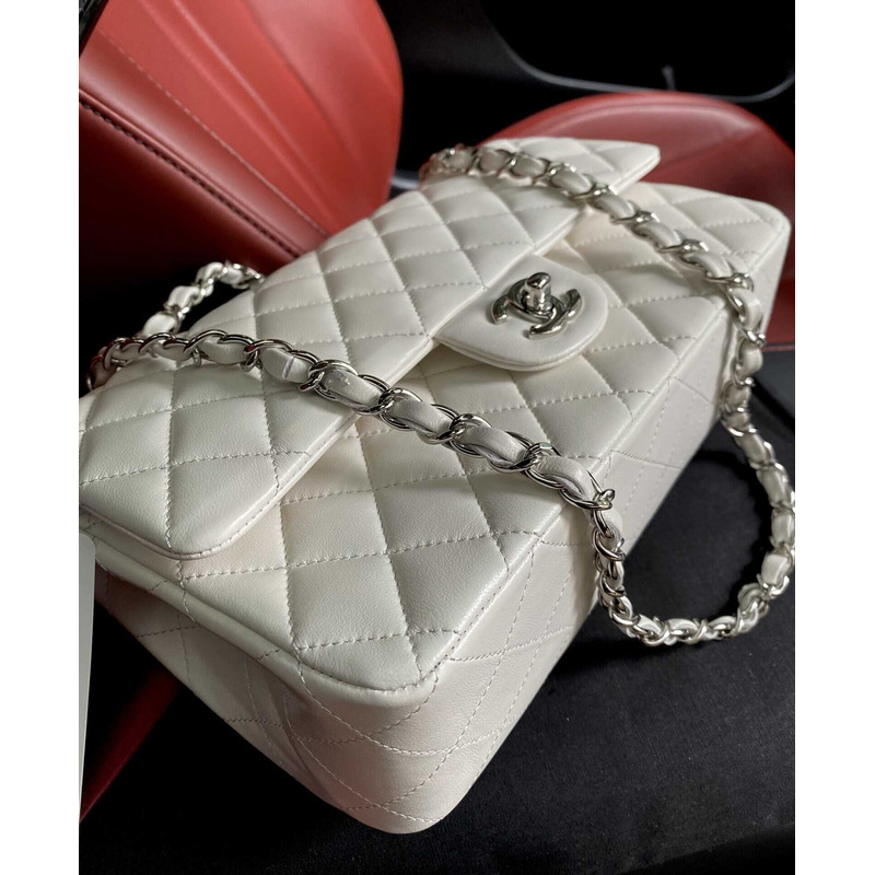 Ch*el medium classic flap lambskin silver hardware white