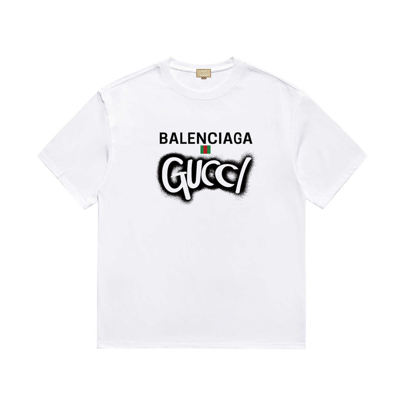 g*u*i & Ba*len*cia*ga logo printed round collar t-shirt white