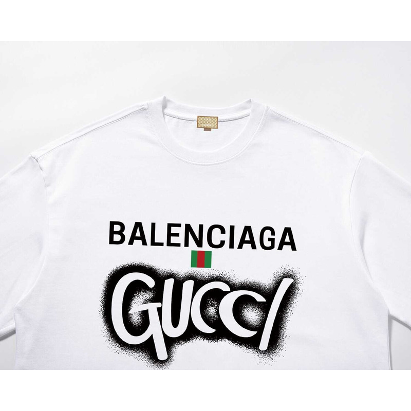 g*u*i & Ba*len*cia*ga logo printed round collar t-shirt white