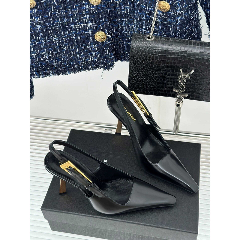 Saint Laurent Lee Slingback Pumps In Glazed Leather Black