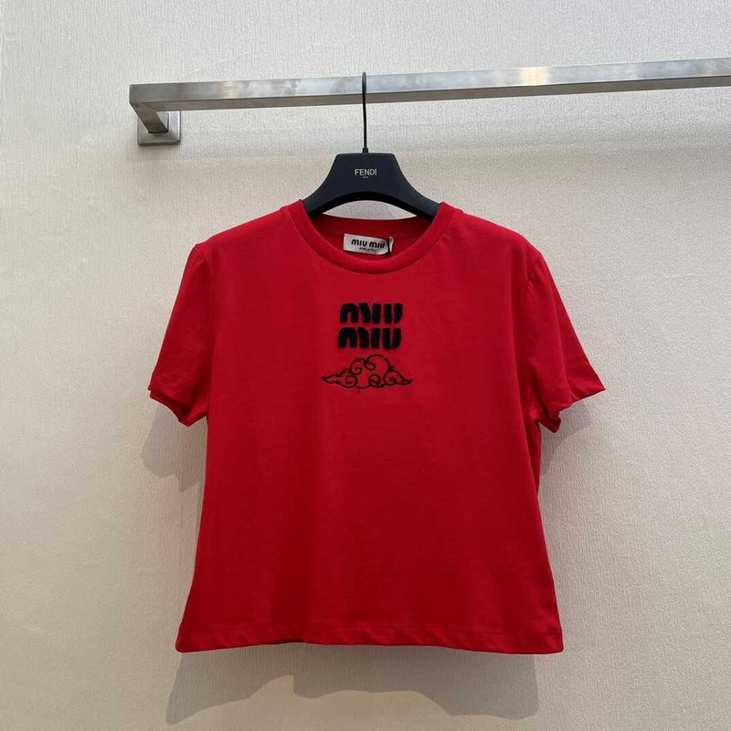 Miu Miu  Embroidered Cotton T-shirt Red