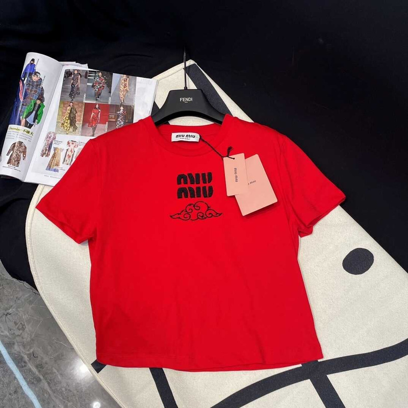 Miu Miu  Embroidered Cotton T-shirt Red