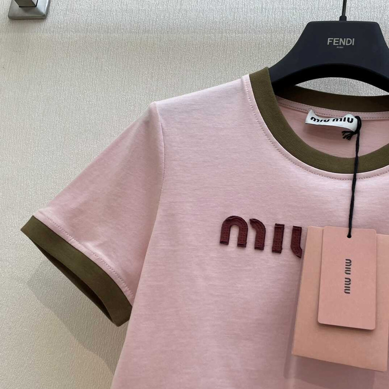 Miu Miu Embroidered Cotton Jersey T-shirt  Alabaster Pink