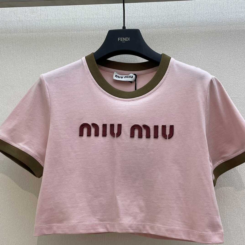 Miu Miu Embroidered Cotton Jersey T-shirt  Alabaster Pink