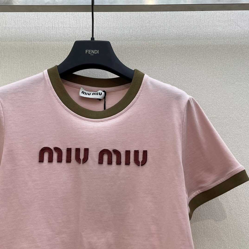 Miu Miu Embroidered Cotton Jersey T-shirt  Alabaster Pink