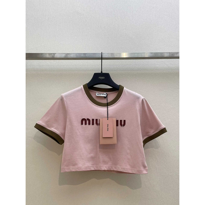 Miu Miu Embroidered Cotton Jersey T-shirt  Alabaster Pink