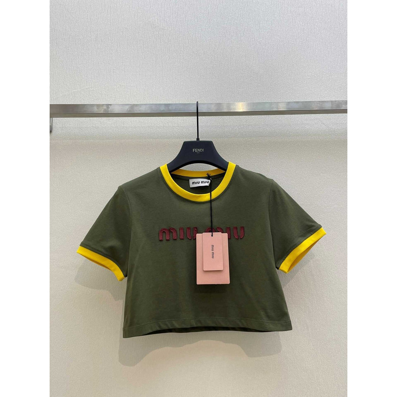 Miu Miu Embroidered Cotton Jersey T-shirt Camouflage/Yellow