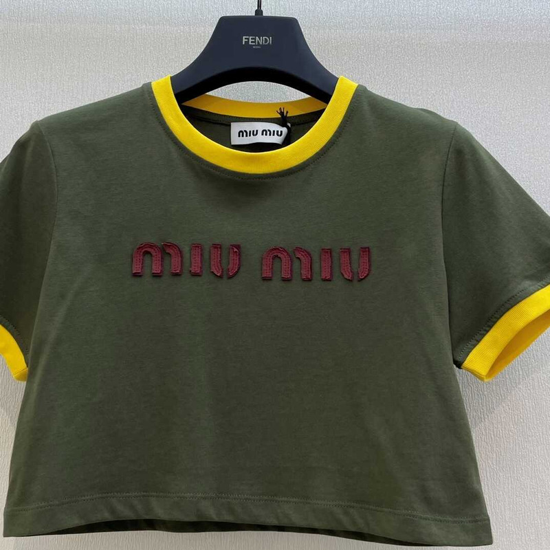 Miu Miu Embroidered Cotton Jersey T-shirt Camouflage/Yellow