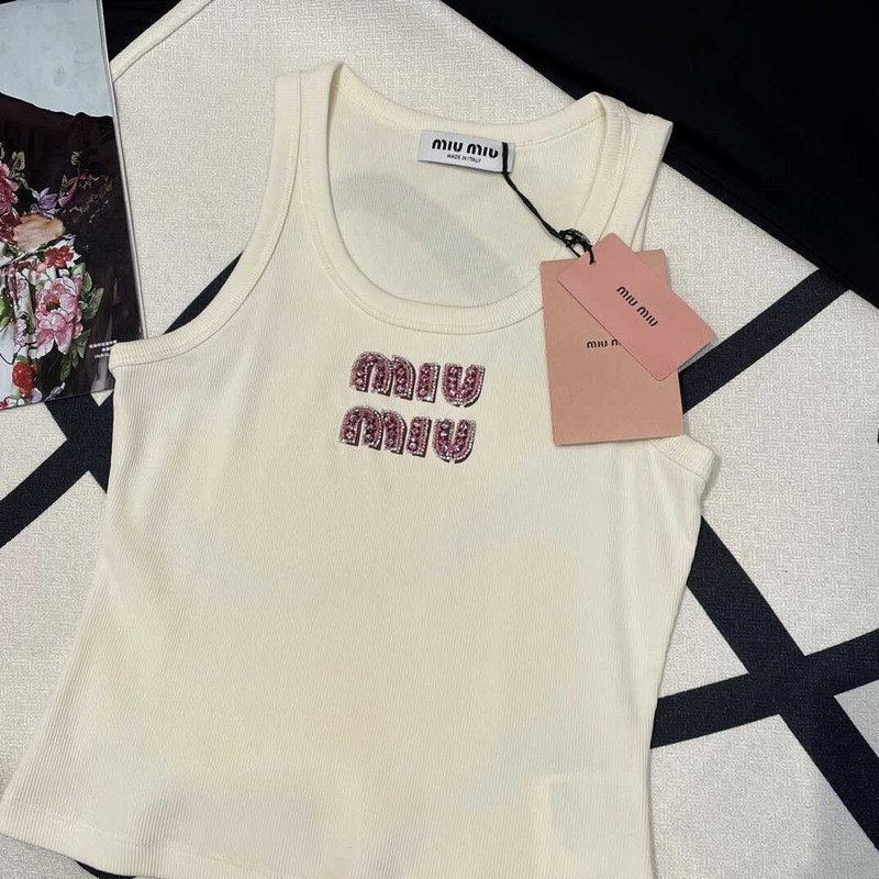 Miu Miu Ribbed Jersey Top Tan / Pink