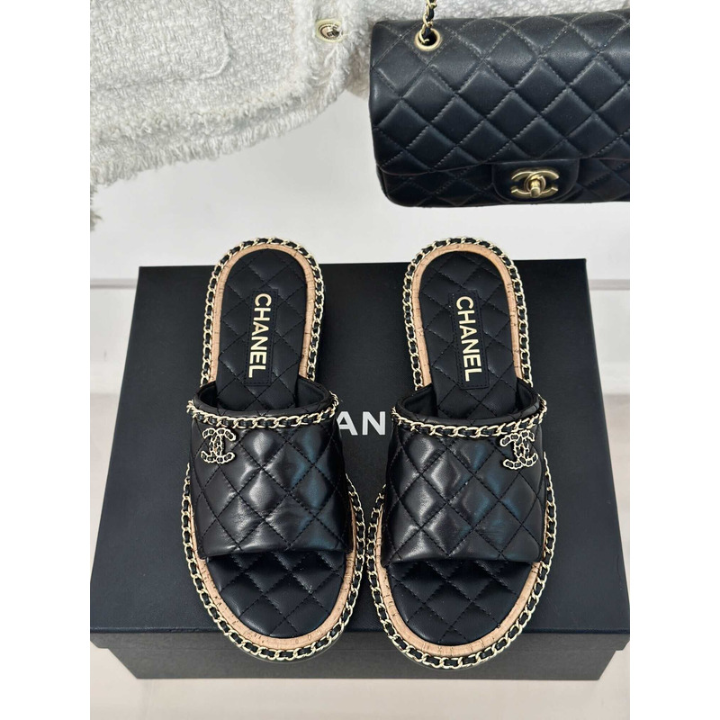 Ch*el lambskin quilted cc slides black