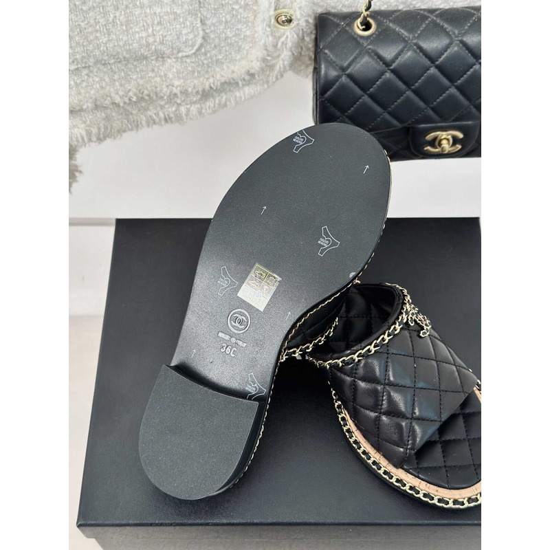 Ch*el lambskin quilted cc slides black