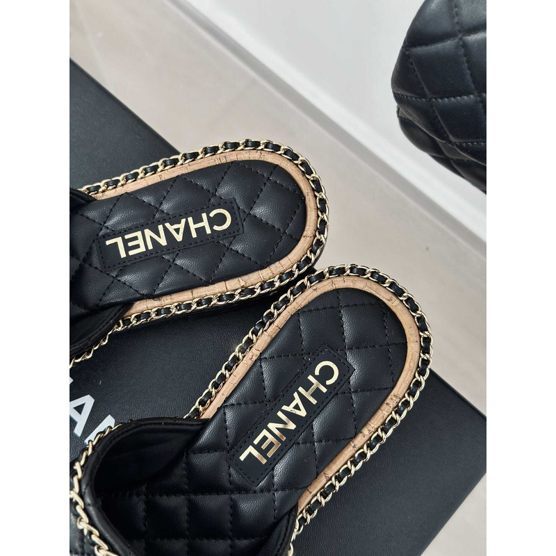 Ch*el lambskin quilted cc slides black