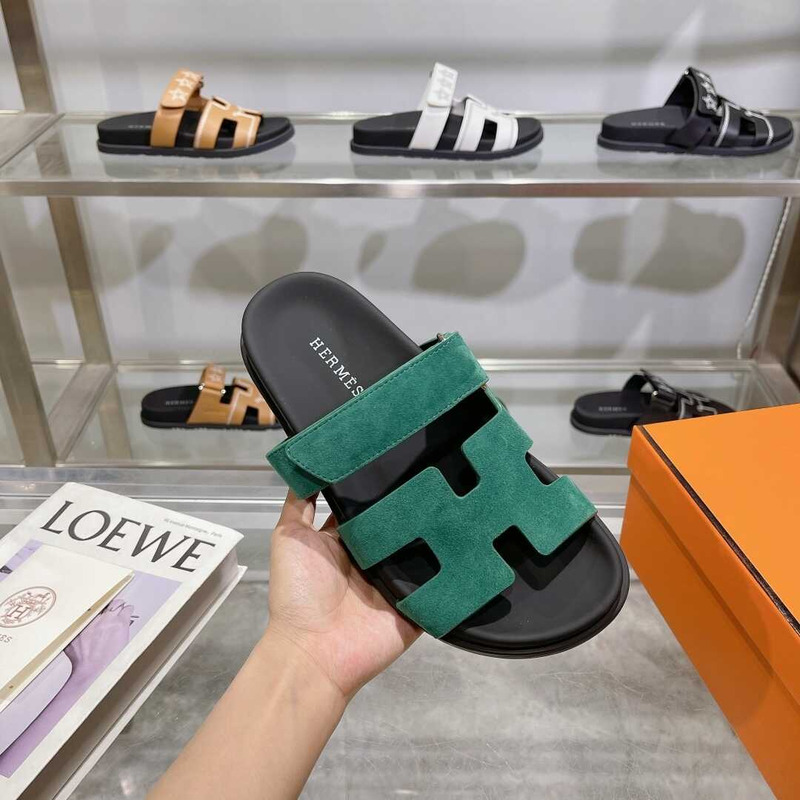 H**mes dark green suede chypre sandals