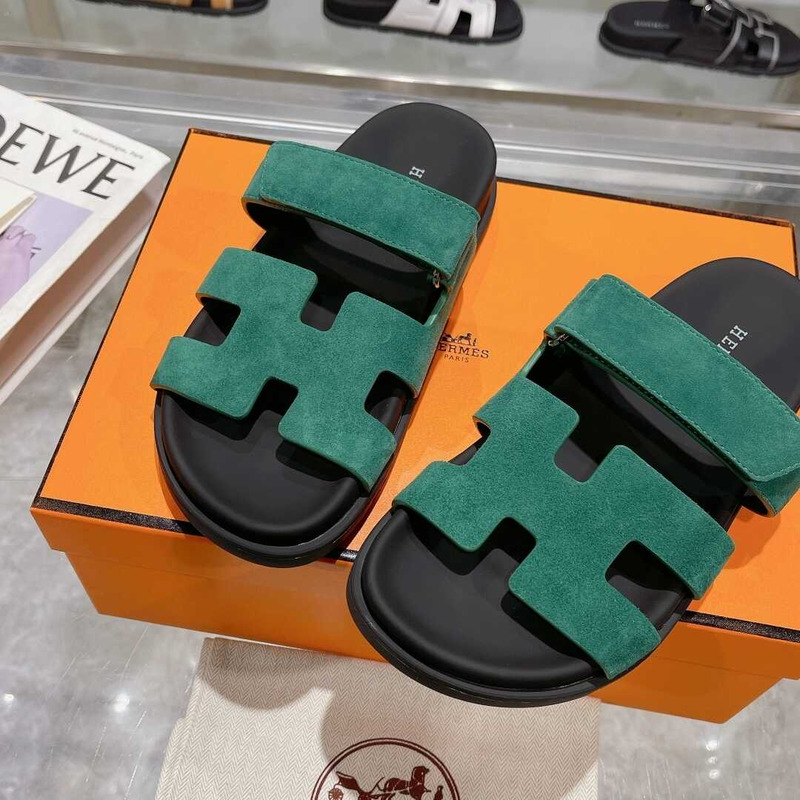 H**mes dark green suede chypre sandals