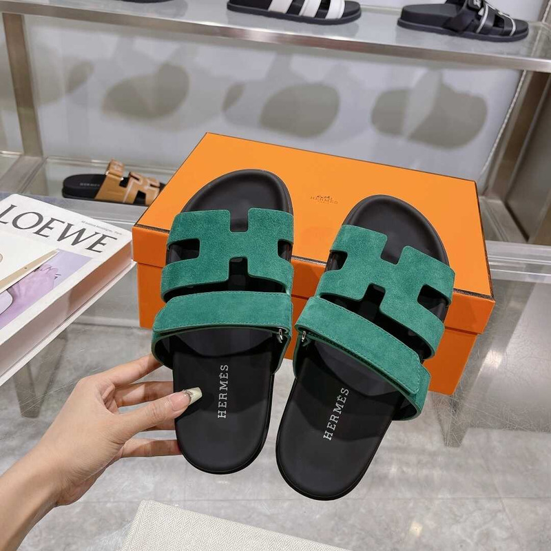 H**mes dark green suede chypre sandals