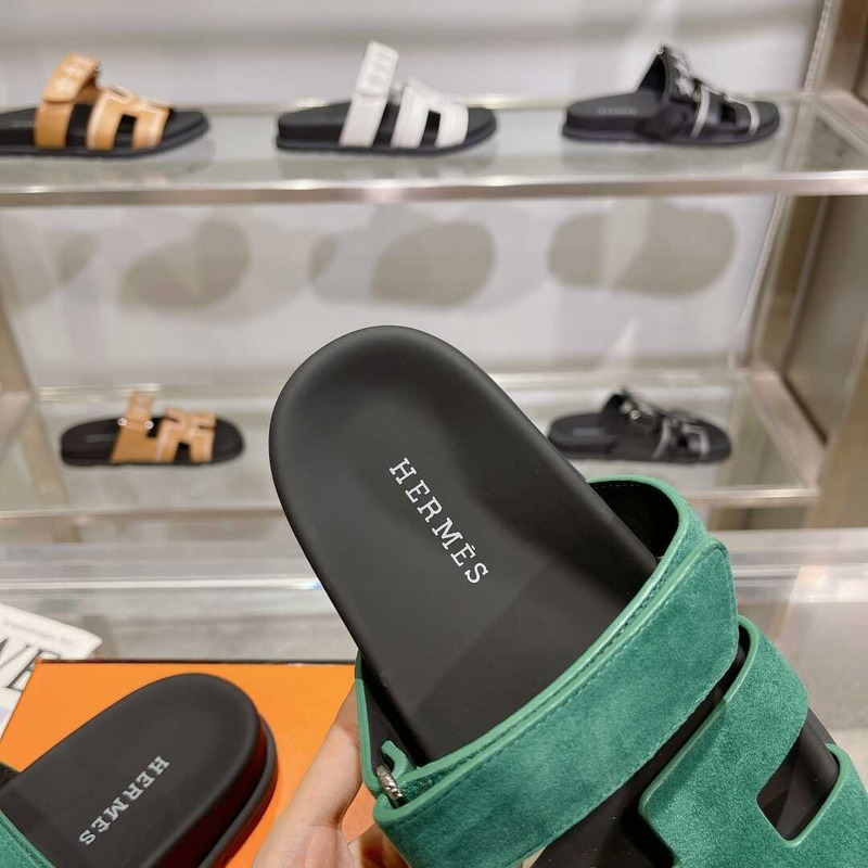 H**mes dark green suede chypre sandals