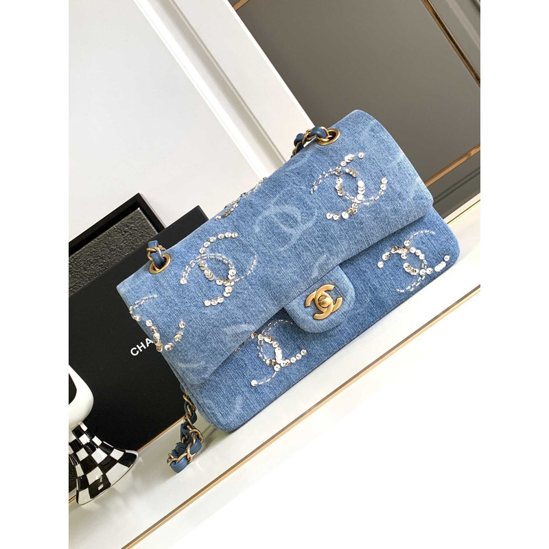 Ch*el double flap denim shoulder bag blue