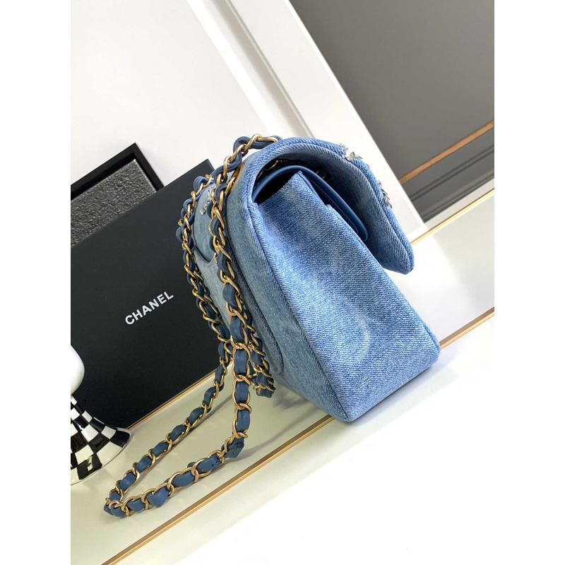 Ch*el double flap denim shoulder bag blue