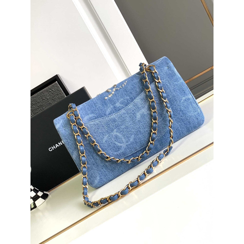 Ch*el double flap denim shoulder bag blue