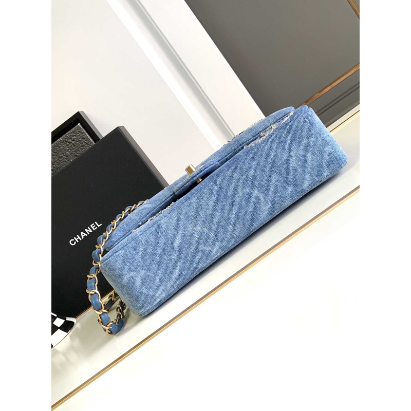 Ch*el double flap denim shoulder bag blue