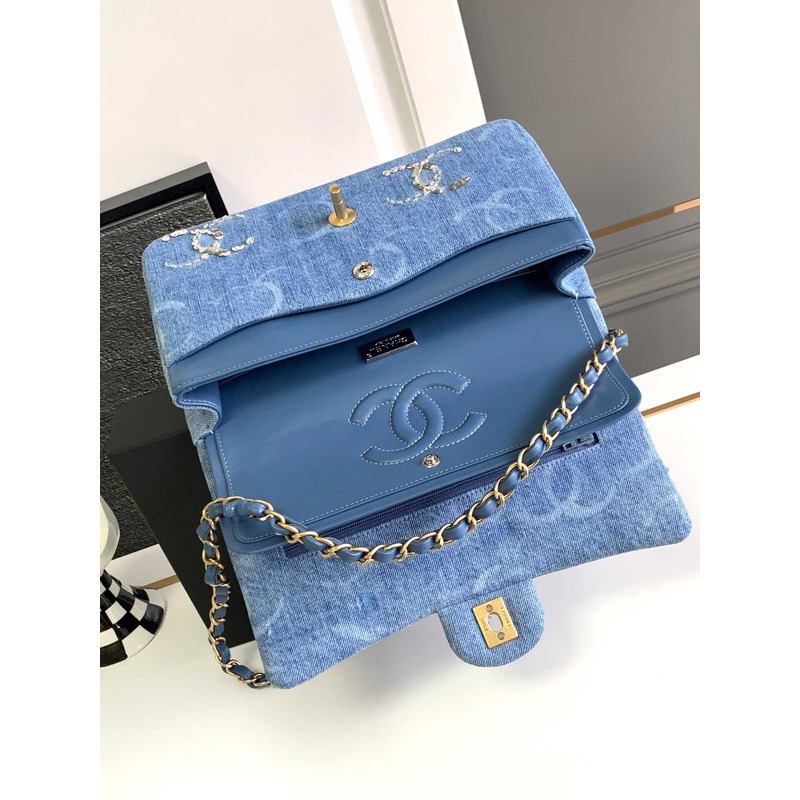 Ch*el double flap denim shoulder bag blue