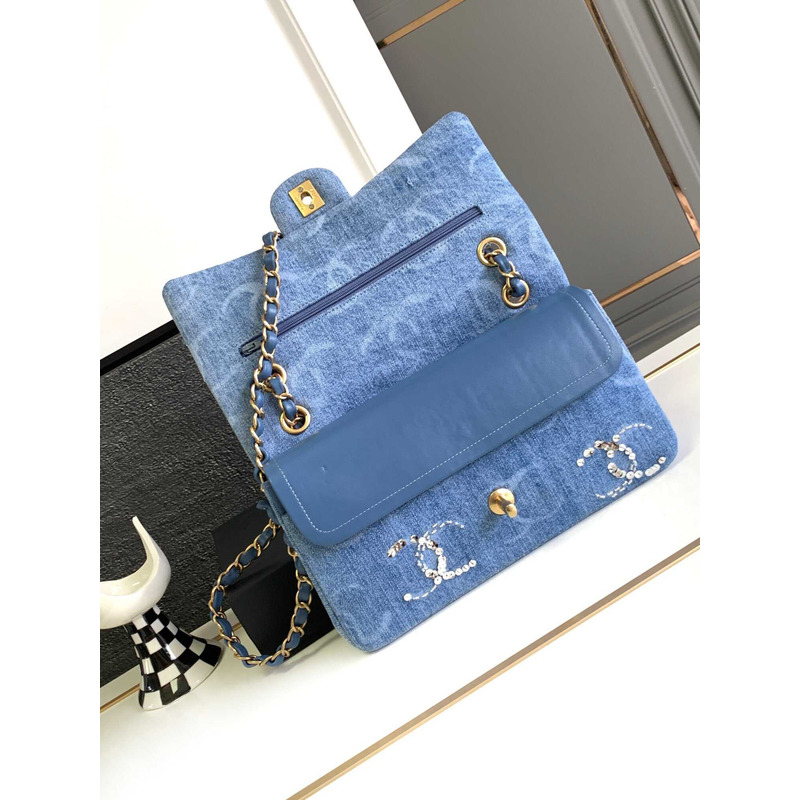 Ch*el double flap denim shoulder bag blue