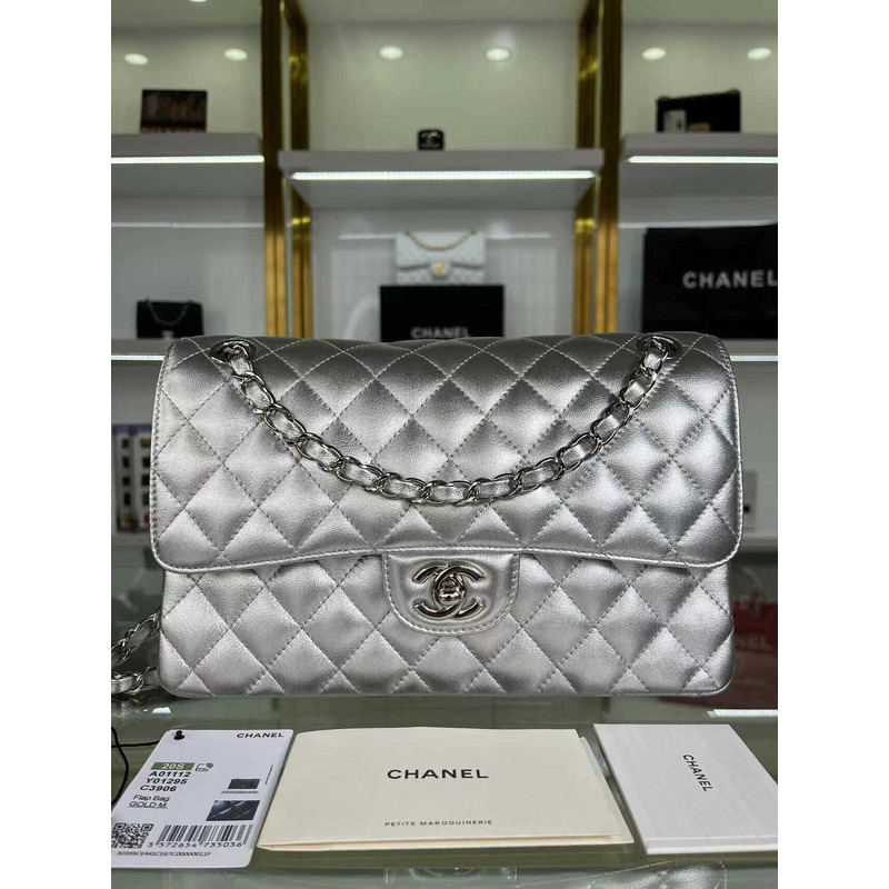 Ch*el double flap diamond quilted jumbo grey bag