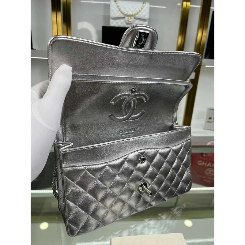 Ch*el double flap diamond quilted jumbo grey bag