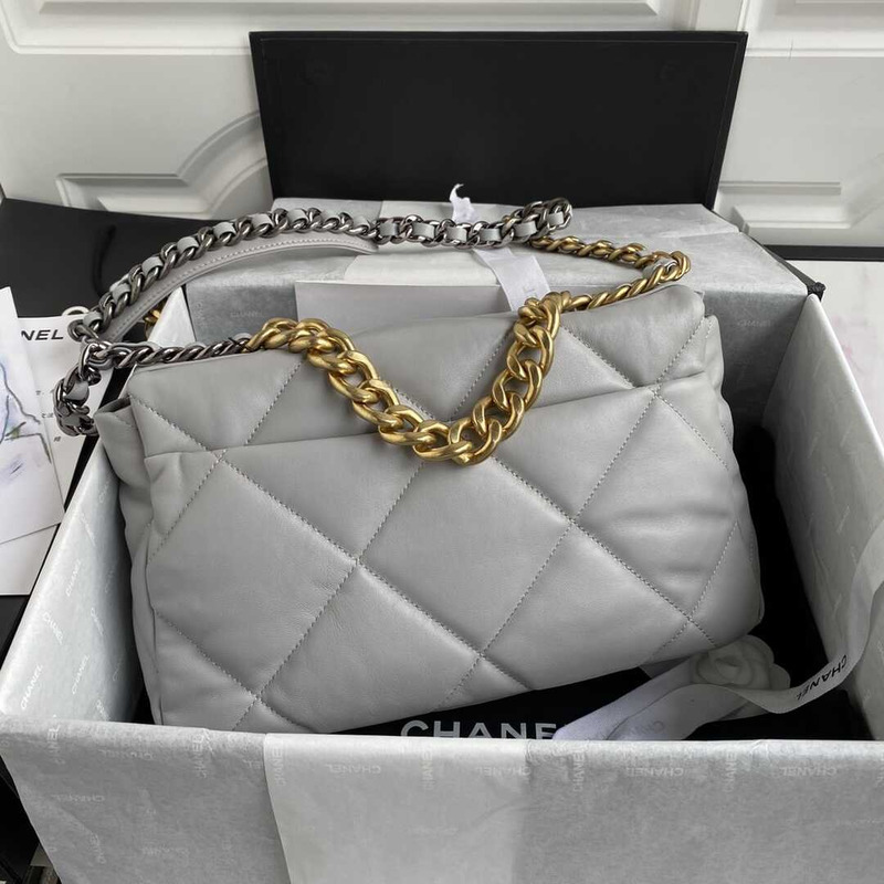 Ch*el 19 large quilted lambskin ruthenium and gold hardware grey