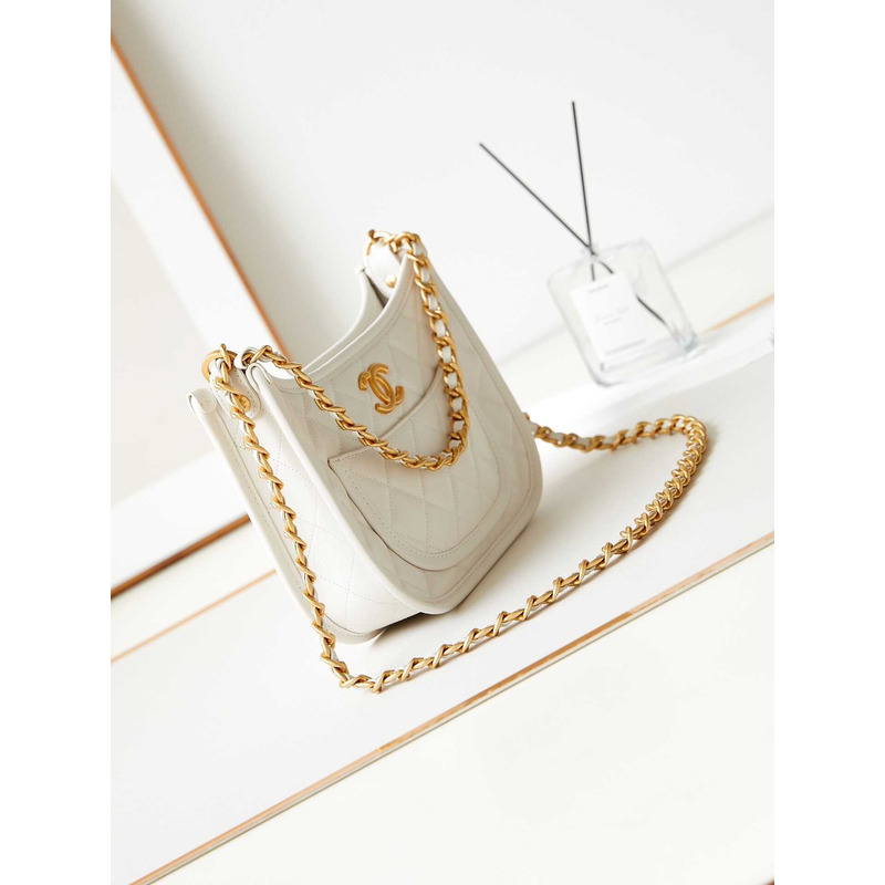 Ch*el hobo handbag calfskin & gold-tone metal white