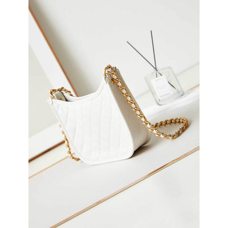 Ch*el hobo handbag calfskin & gold-tone metal white