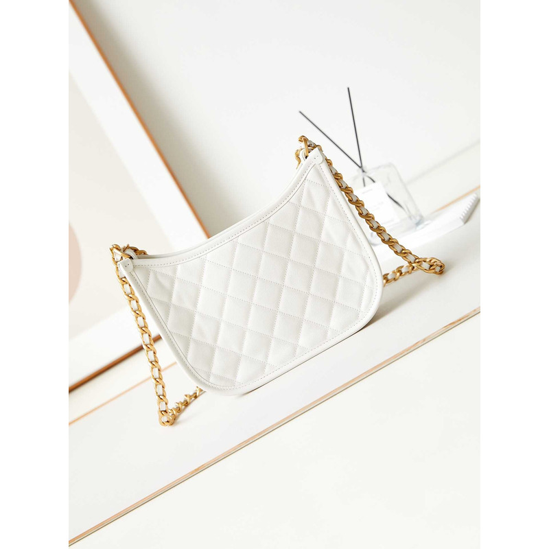 Ch*el hobo handbag calfskin & gold-tone metal white