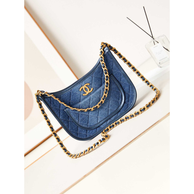 Ch*el hobo handbag calfskin & gold-tone metal blue