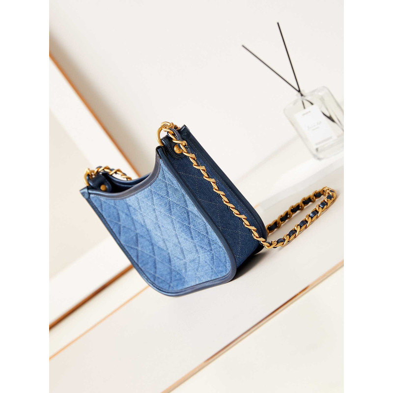 Ch*el hobo handbag calfskin & gold-tone metal blue