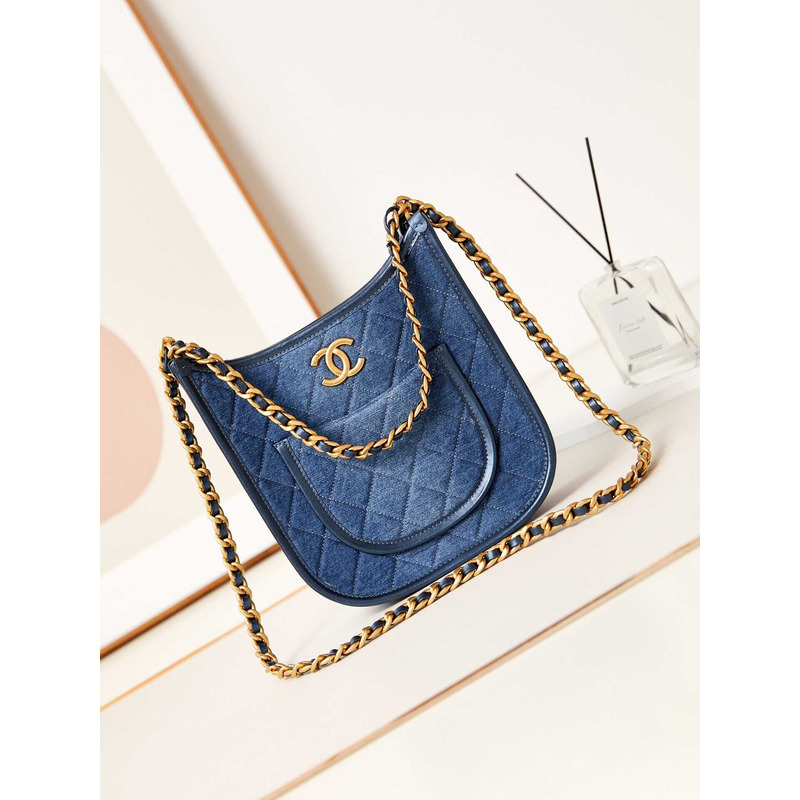 Ch*el hobo handbag washed denim & gold-tone metal blue