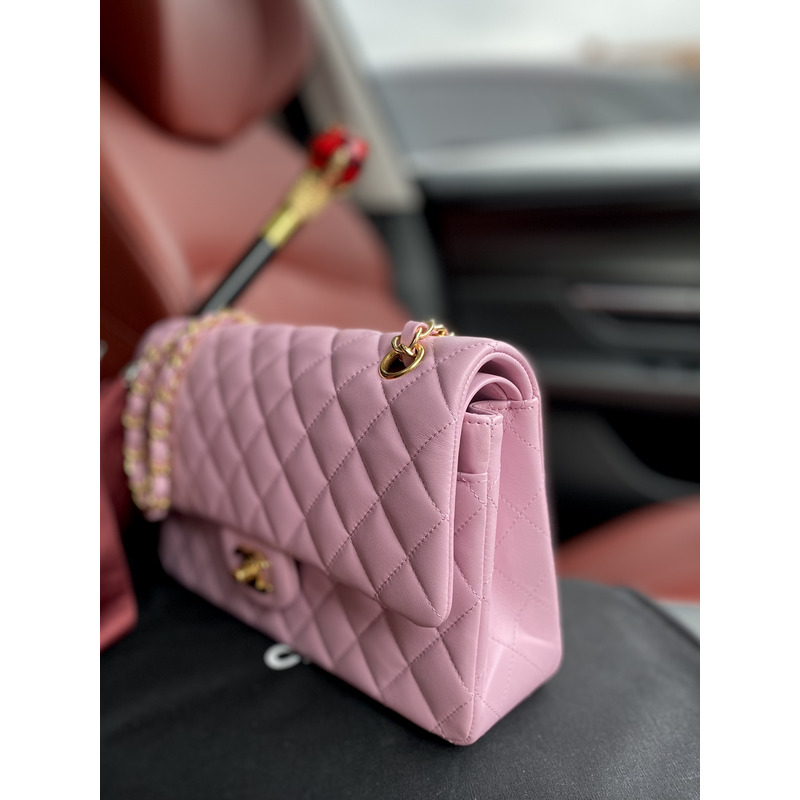 Ch*el classic flap bag sheepskin diamond chain classic flap bag gold buckle cherry blossom pink