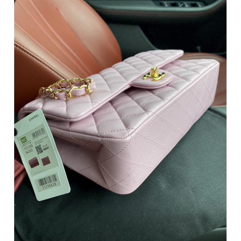 Ch*el classic flap bag sheepskin diamond chain classic flap bag gold buckle cherry blossom pink