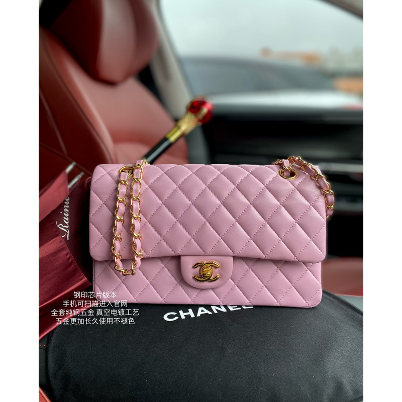 Ch*el classic flap bag sheepskin diamond chain classic flap bag gold buckle cherry blossom pink